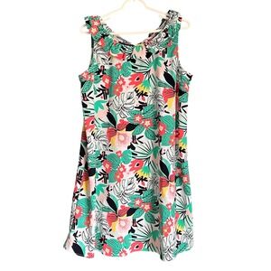 Crown & Ivy Womens‎ Tropical Floral Ruffle Neck Tie Back Shift Dress Large Pink